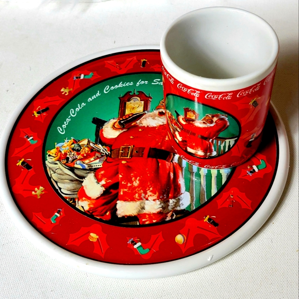 Vintage Enesco Coca Cola Santa cookie plate and tumbler